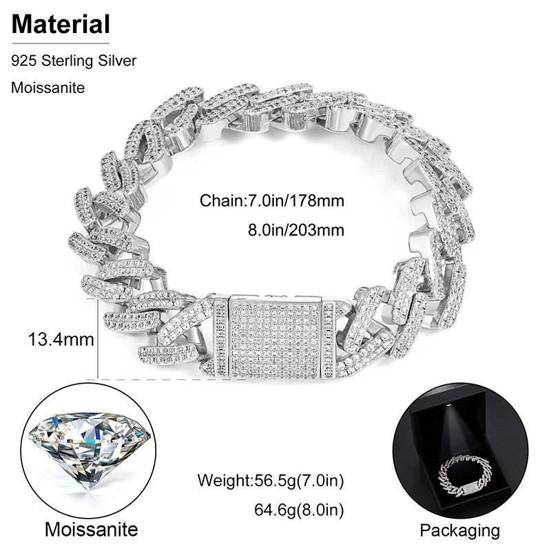 Unique Design Iced out Fine Jewelry 13.4mm Gold Plated 925 Sterling Silver Vvs Moissanite Men Hip Hop Cuban Link Chain Bracelet